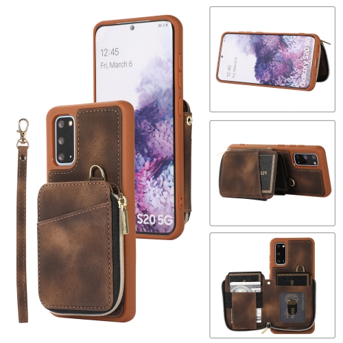 

For Samsung Galaxy S20+ Zipper Card Bag Back Cover Phone Case(Brown)