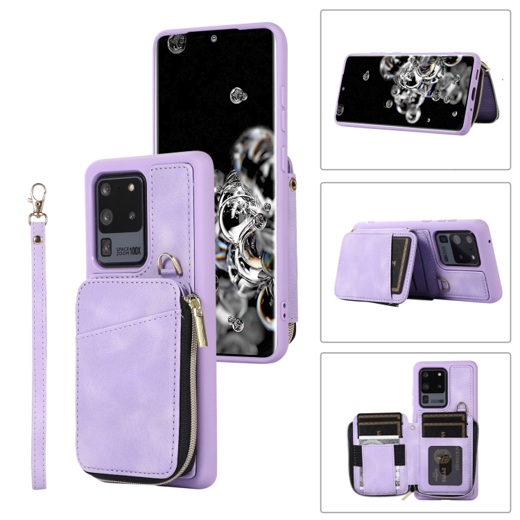 

For Samsung Galaxy S20 Ultra Zipper Card Bag Back Cover Phone Case(Purple)