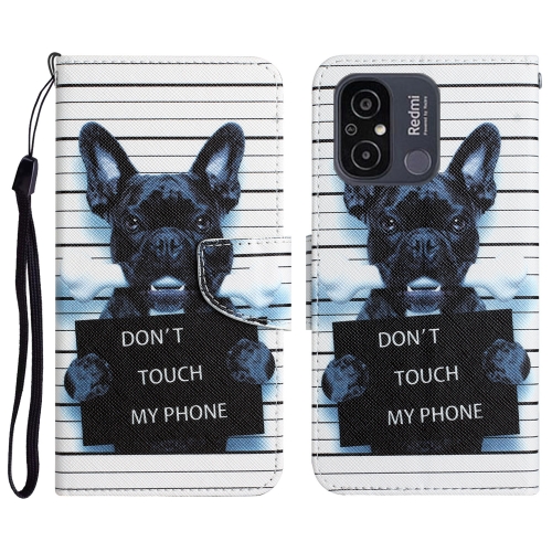 

For Xiaomi Redmi 12C Colored Drawing Leather Phone Case(Black Dog)