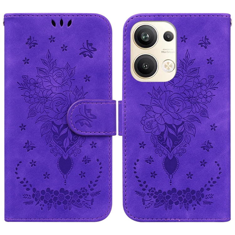 

For OPPO Reno9 Pro+ Butterfly Rose Embossed Leather Phone Case(Purple)