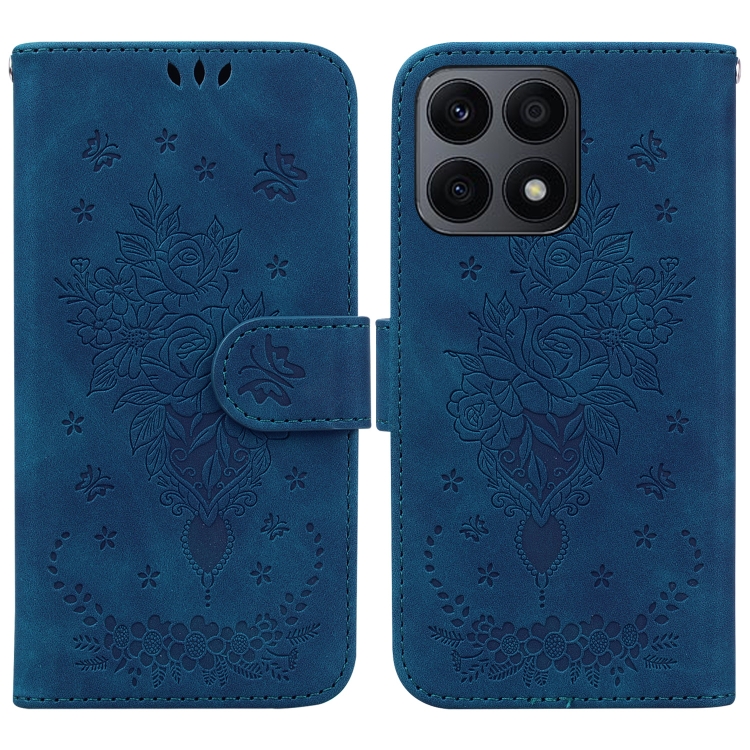 

For Honor X8a Butterfly Rose Embossed Leather Phone Case(Blue)