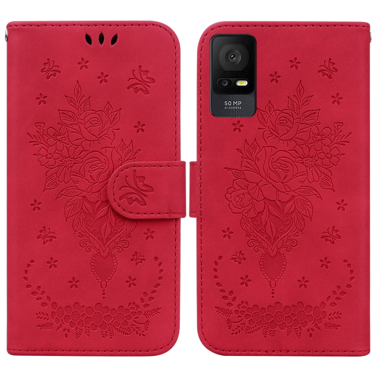 

For TCL 408 Butterfly Rose Embossed Leather Phone Case(Red)