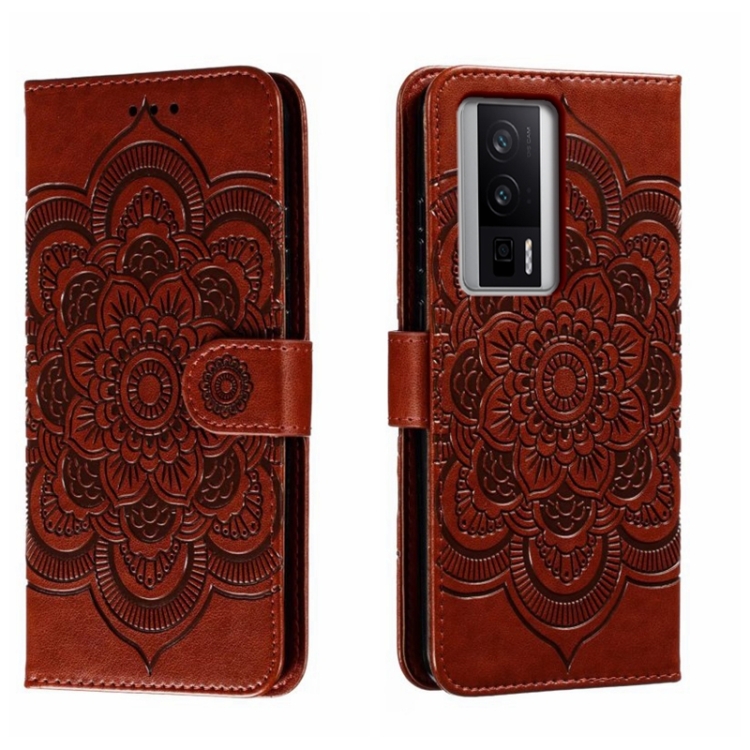 

For Xiaomi Redmi K60 Sun Mandala Embossing Pattern Phone Leather Case(Brown)