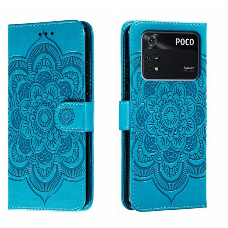 

For Xiaomi Poco M4 Pro Sun Mandala Embossing Pattern Phone Leather Case(Blue)