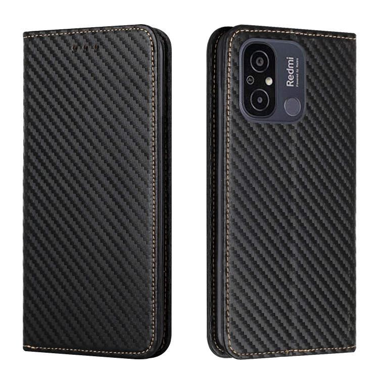 

For Xiaomi Redmi 12C Carbon Fiber Texture Magnetic Flip Leather Phone Case(Black)