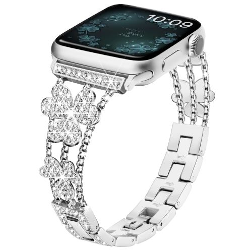 

3-Leaf Clover Diamond Watch Band For Apple Watch Series 8&7 41mm / SE 2&6&SE&5&4 40mm / 3&2&1 38mm(Silver)