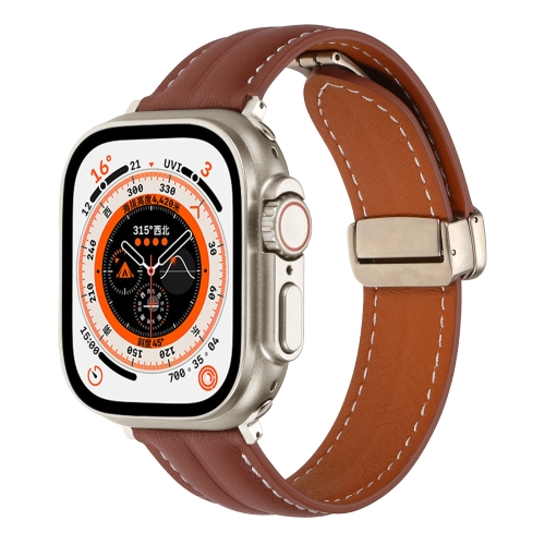 

Folding Buckle Grooved Genuine Leather Watch Band For Apple Watch Ultra 49mm / Series 8&7 45mm / SE 2&6&SE&5&4 44mm / 3&2&1 42mm(Brown)
