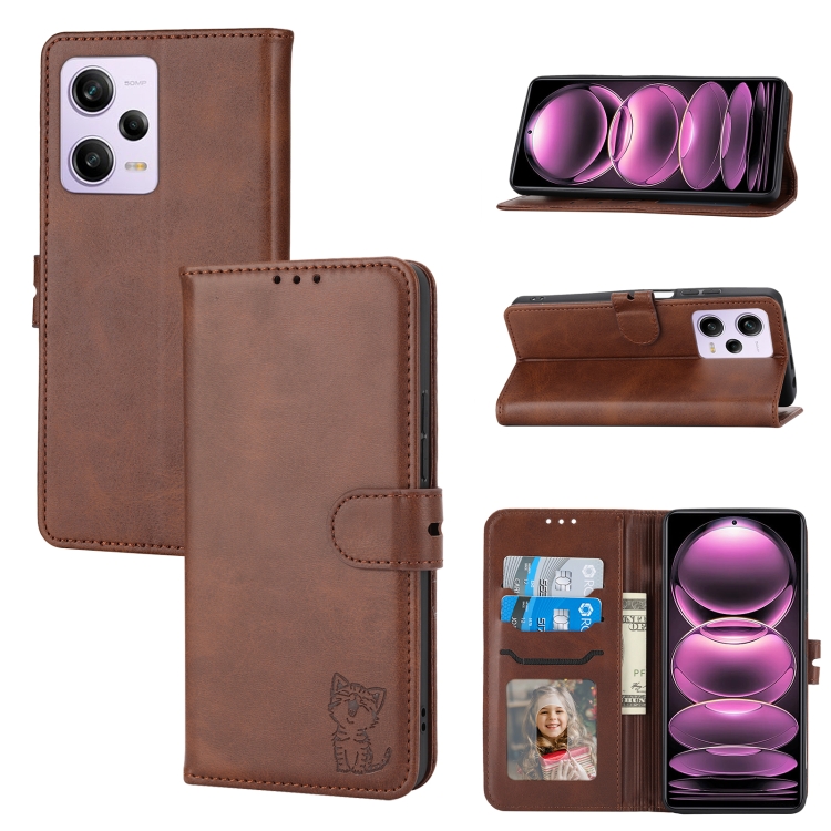 

For Xiaomi Redmi Note 12 5G Global Embossed Happy Cat Pattern Flip Leather Phone Case(Brown)