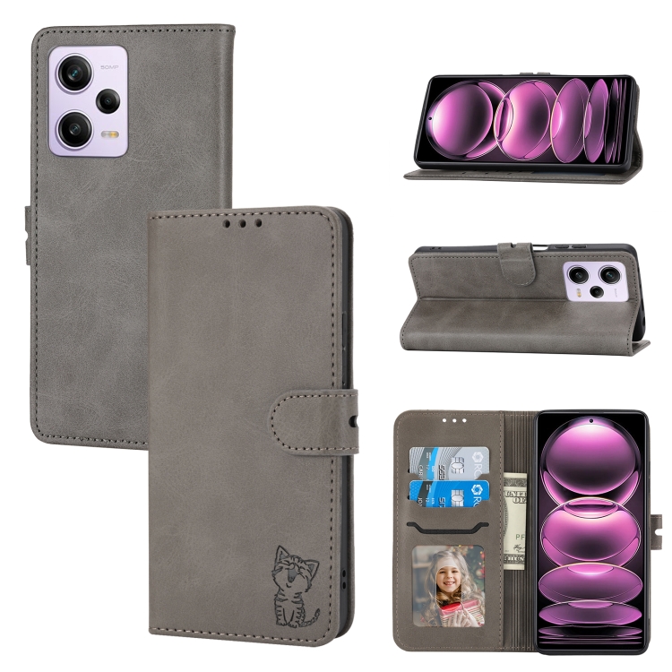 

For Xiaomi Redmi Note 12 Pro+ 5G Global Embossed Happy Cat Pattern Flip Leather Phone Case(Grey)