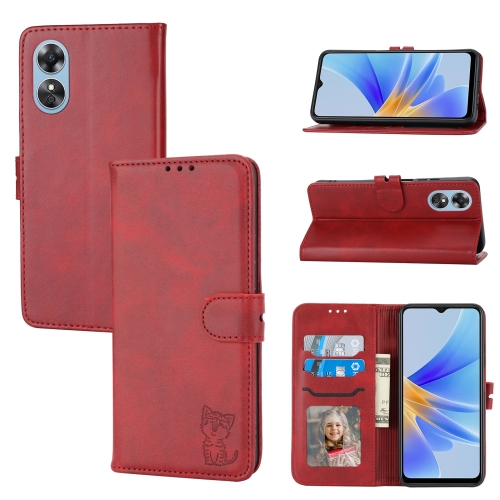 

For OPPO A17 Embossed Happy Cat Pattern Flip Leather Phone Case(Red)