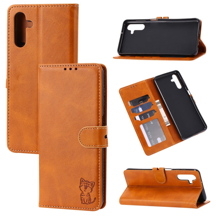 

For Samsung Galaxy A54 5G Embossed Happy Cat Pattern Flip Leather Phone Case(Yellow)