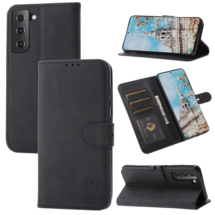 

For Samsung Galaxy S23 5G Embossed Happy Cat Pattern Flip Leather Phone Case(Black)