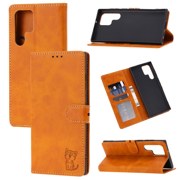 

For Samsung Galaxy S23 Ultra 5G Embossed Happy Cat Pattern Flip Leather Phone Case(Yellow)