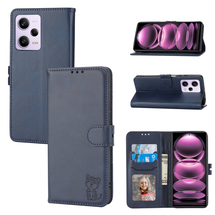 

For Xiaomi Redmi Note 12 4G Global Embossed Happy Cat Pattern Flip Leather Phone Case(Blue)