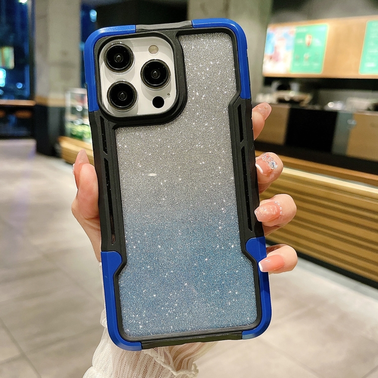 

For iPhone 12 Armor Acrylic 3 in 1 Gradient Glitter Powder Phone Case(Blue)