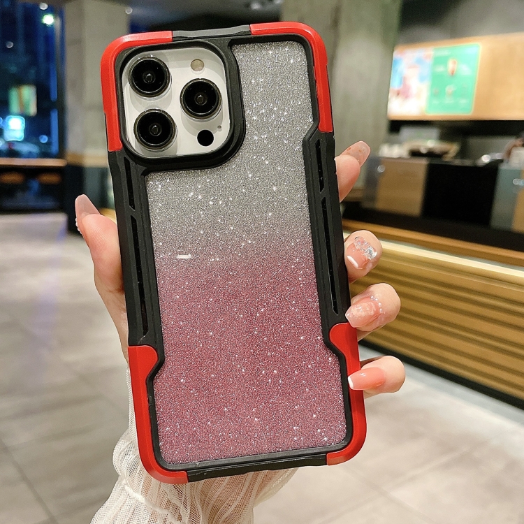 

For iPhone 11 Pro Max Armor Acrylic 3 in 1 Gradient Glitter Powder Phone Case(Red)
