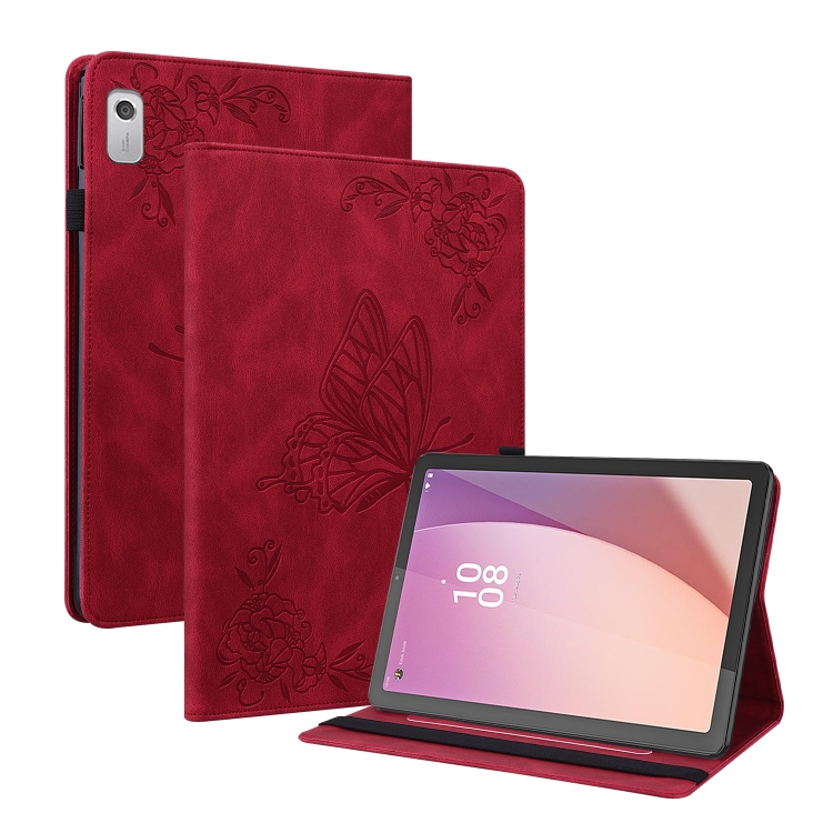 

For Lenovo Tab M9 Butterfly Flower Embossed Leather Tablet Case(Red)