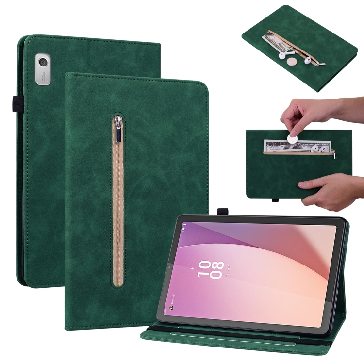 

For Lenovo Tab M9 Skin Feel Solid Color Zipper Leather Tablet Case(Green)