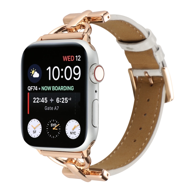 

D-Buckle Cocodile Genuine Leather Watch Band For Apple Watch Ultra 49mm / Series 8&7 45mm / SE 2&6&SE&5&4 44mm / 3&2&1 42mm(White)