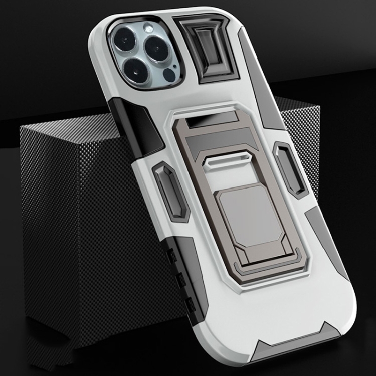 

For iPhone 14 Pro MechaWarrior Multifunctional Holder Phone Case(White)