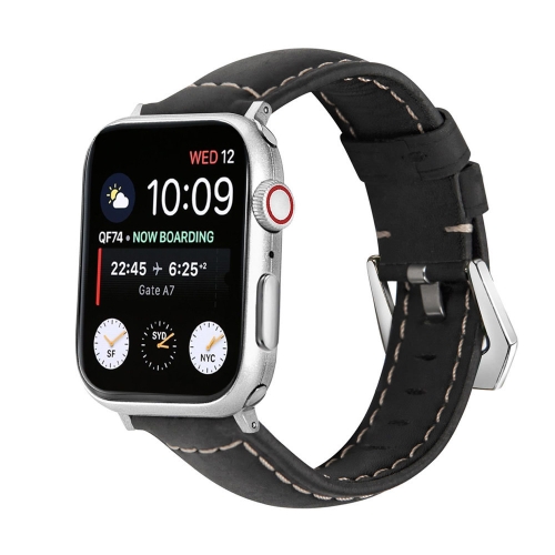

For Apple Watch Series 8&7 41mm / SE 2&6&SE&5&4 40mm / 3&2&1 38mm Silver Buckle Genuine Leather Watch Band(Frosted Black)
