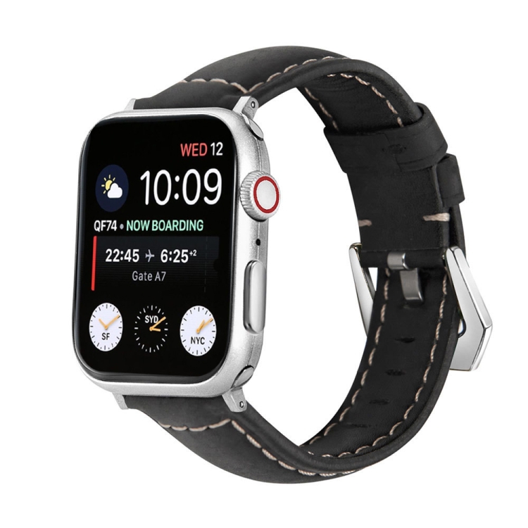 

For Apple Watch Series 8&7 41mm / SE 2&6&SE&5&4 40mm / 3&2&1 38mm Silver Buckle Genuine Leather Watch Band(Frosted Black)