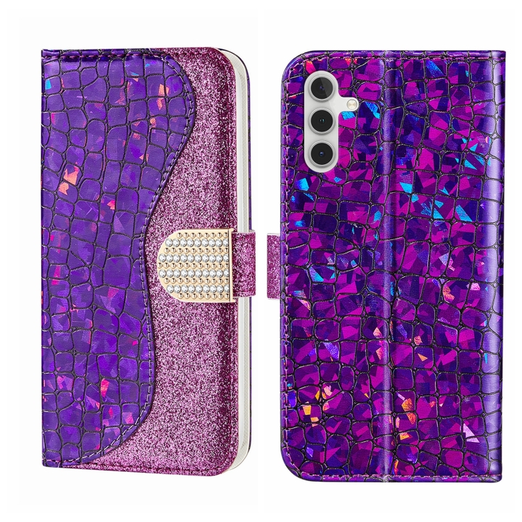 

For Samsung Galaxy A34 5G Laser Glitter Powder Crocodile Texture Leather Phone Case(Purple)