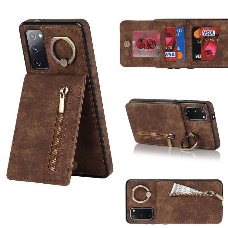 

For Samsung Galaxy S20 Retro Ring and Zipper RFID Card Slot Phone Case(Brown)