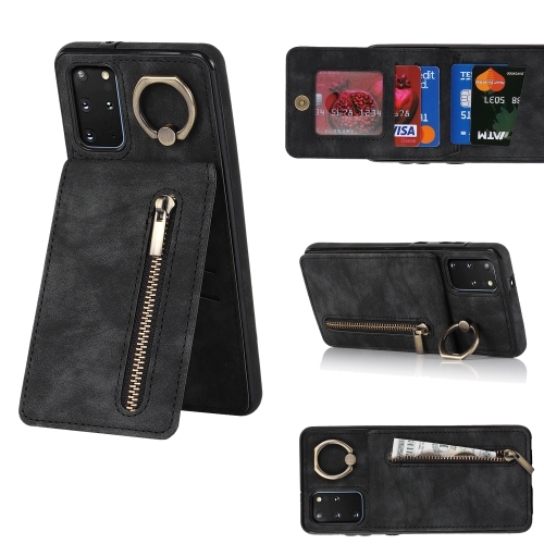 

For Samsung Galaxy S20+ Retro Ring and Zipper RFID Card Slot Phone Case(Black)