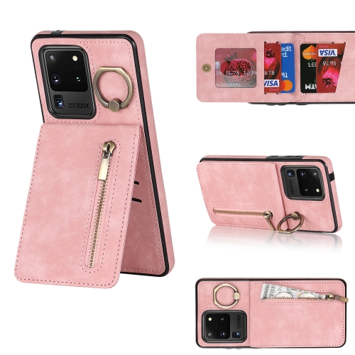 

For Samsung Galaxy S20 Ultra Retro Ring and Zipper RFID Card Slot Phone Case(Pink)