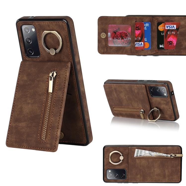 

For Samsung Galaxy S20 FE Retro Ring and Zipper RFID Card Slot Phone Case(Brown)