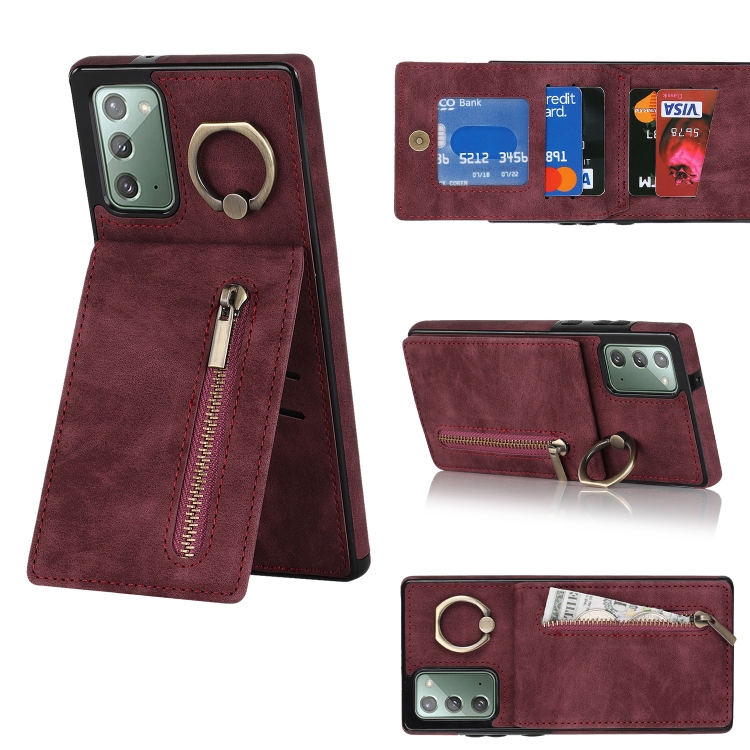

For Samsung Galaxy Note20 Retro Ring and Zipper RFID Card Slot Phone Case(Wine Red)
