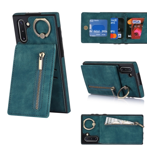 

For Samsung Galaxy Note10 Retro Ring and Zipper RFID Card Slot Phone Case(Blue)