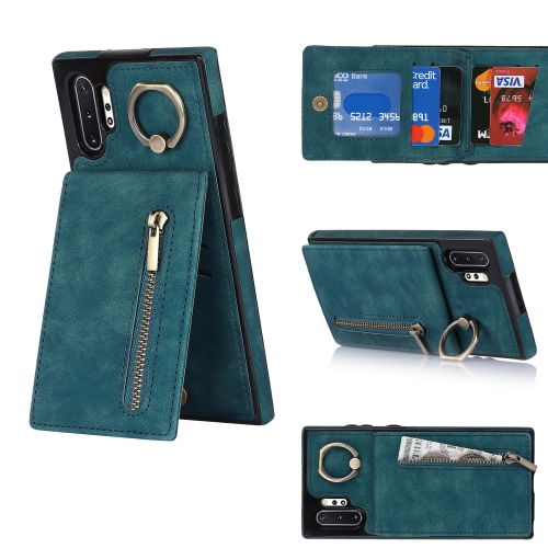 

For Samsung Galaxy Note10+ Retro Ring and Zipper RFID Card Slot Phone Case(Blue)