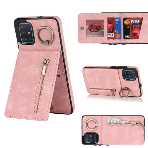 

For Samsung Galaxy A51 4G Retro Ring and Zipper RFID Card Slot Phone Case(Pink)