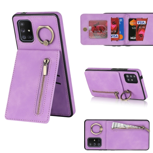 

For Samsung Galaxy A51 5G Retro Ring and Zipper RFID Card Slot Phone Case(Purple)