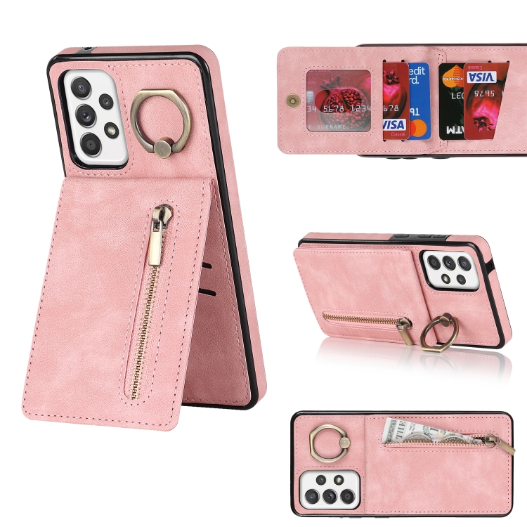 

For Samsung Galaxy A52 5G Retro Ring and Zipper RFID Card Slot Phone Case(Pink)