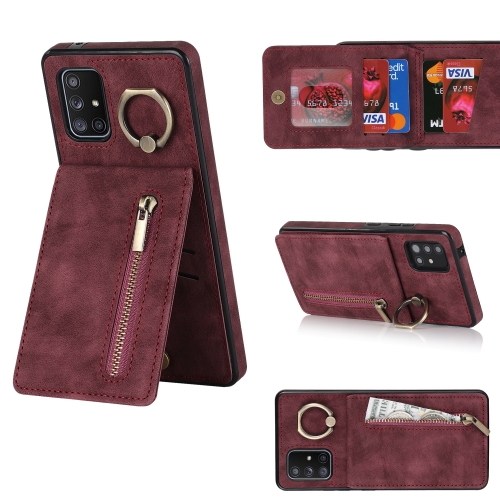 

For Samsung Galaxy A71 5G Retro Ring and Zipper RFID Card Slot Phone Case(Wine Red)