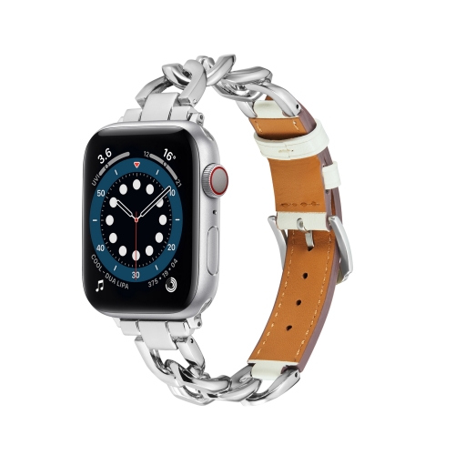 AppleWatchバンドApple Watch チェーンバンド シルバー レザーホワイト 40mm