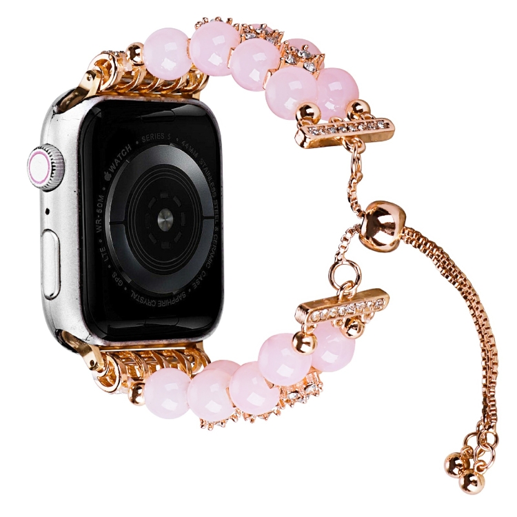 

Double Row Beads Telescopic Chain Watch Band For Apple Watch Series 8&7 41mm / SE 2&6&SE&5&4 40mm / 3&2&1 38mm(Agate pink)