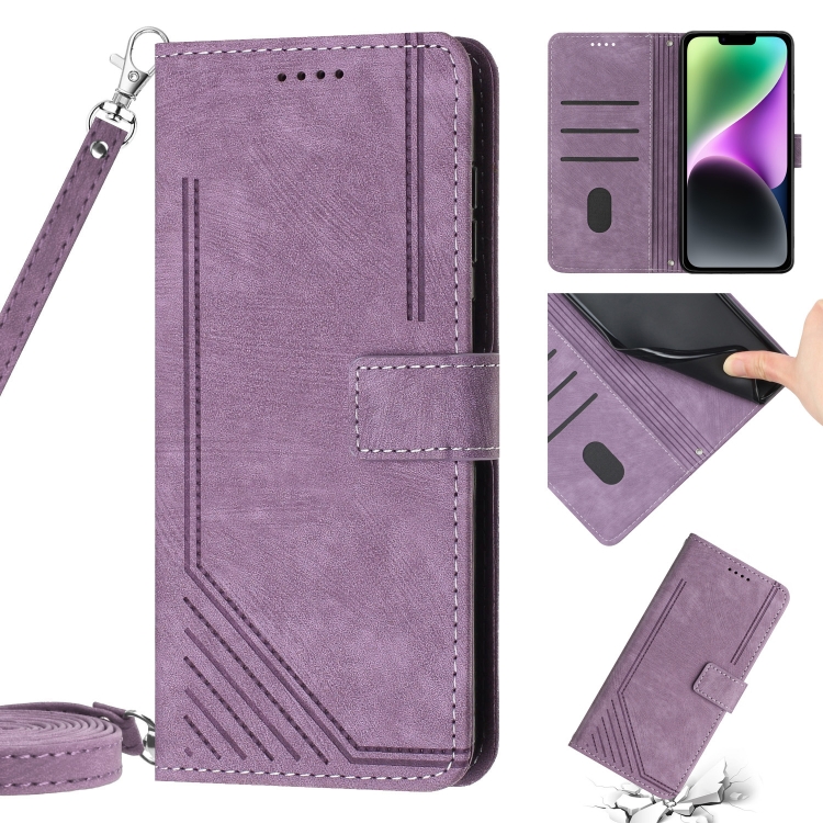 

For iPhone 14 Plus Skin Feel Stripe Pattern Leather Phone Case with Lanyard(Purple)