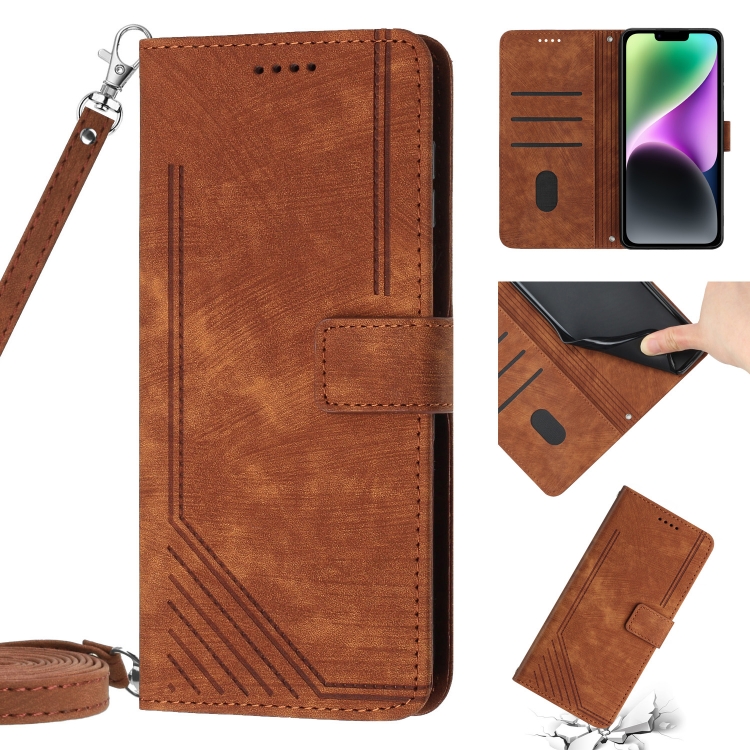 

For iPhone 11 Skin Feel Stripe Pattern Leather Phone Case with Lanyard(Brown)
