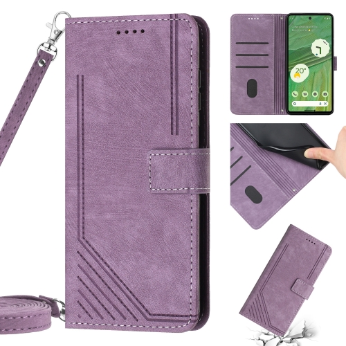 

For Google Pixel 7 Skin Feel Stripe Pattern Leather Phone Case with Lanyard(Purple)