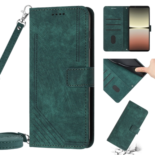 

For Sony Xperia 1 IV Skin Feel Stripe Pattern Leather Phone Case with Lanyard(Green)