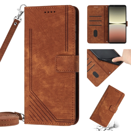 

For Sony Xperia 10 IV Skin Feel Stripe Pattern Leather Phone Case with Lanyard(Brown)