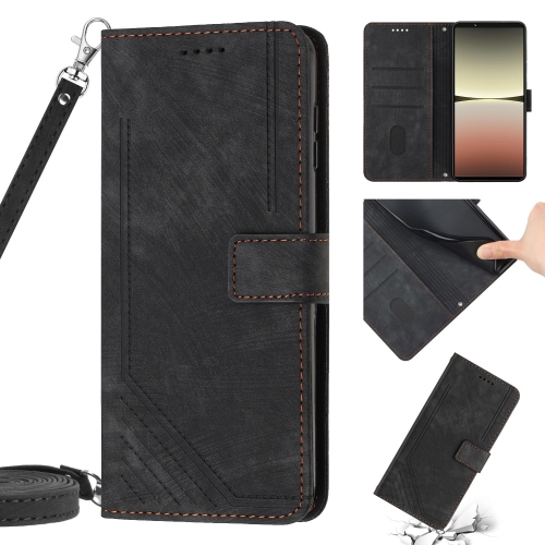 

For Sony Xperia 5 IV Skin Feel Stripe Pattern Leather Phone Case with Lanyard(Black)