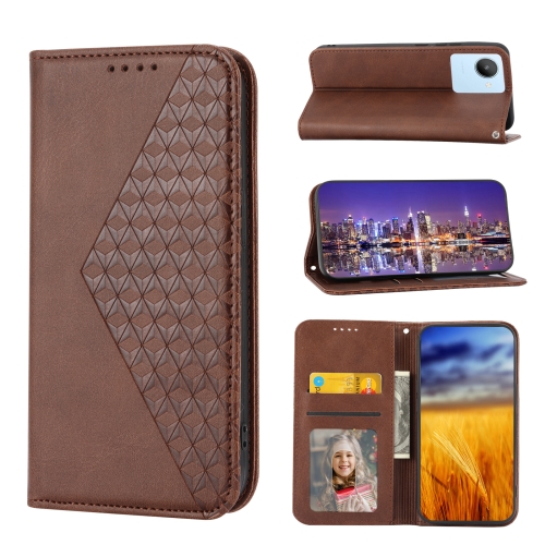 

For OPPO Reno8 4G Global Cubic Grid Calf Texture Magnetic Leather Phone Case(Brown)