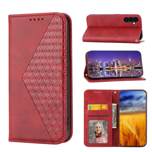 

For Samsung Galaxy M14 5G Global Cubic Grid Calf Texture Magnetic Leather Phone Case(Red)