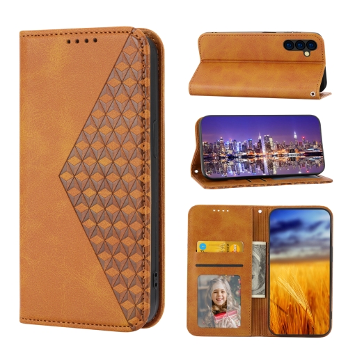 

For Samsung Galaxy A24 4G Global Cubic Grid Calf Texture Magnetic Leather Phone Case(Yellow)