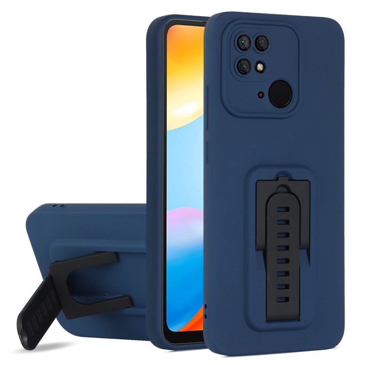 

For Xiaomi Redmi 10 4G / Redmi 10C Strap Holder Shockproof Protective Phone Case with Lens Film(Blue + Black)